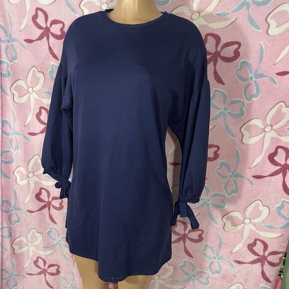 Wishful Park Blue Solid Casual Basic 3/4 longsleeve Dress Short Size Medium - Picture 6 of 6